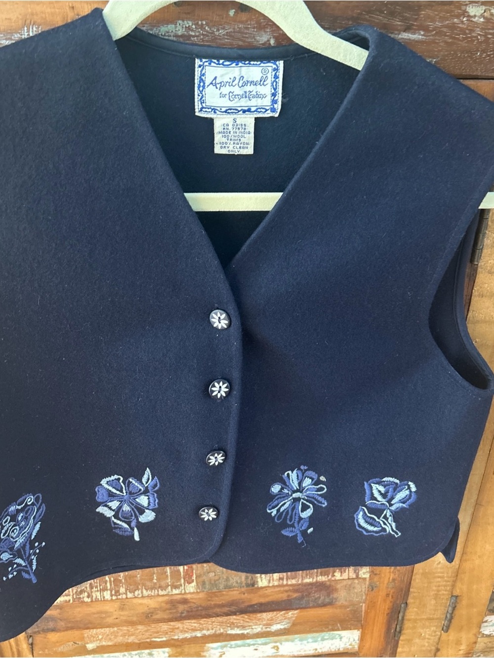 April Cornell Navy Wool Vest with Blue Floral Embroidery Accents